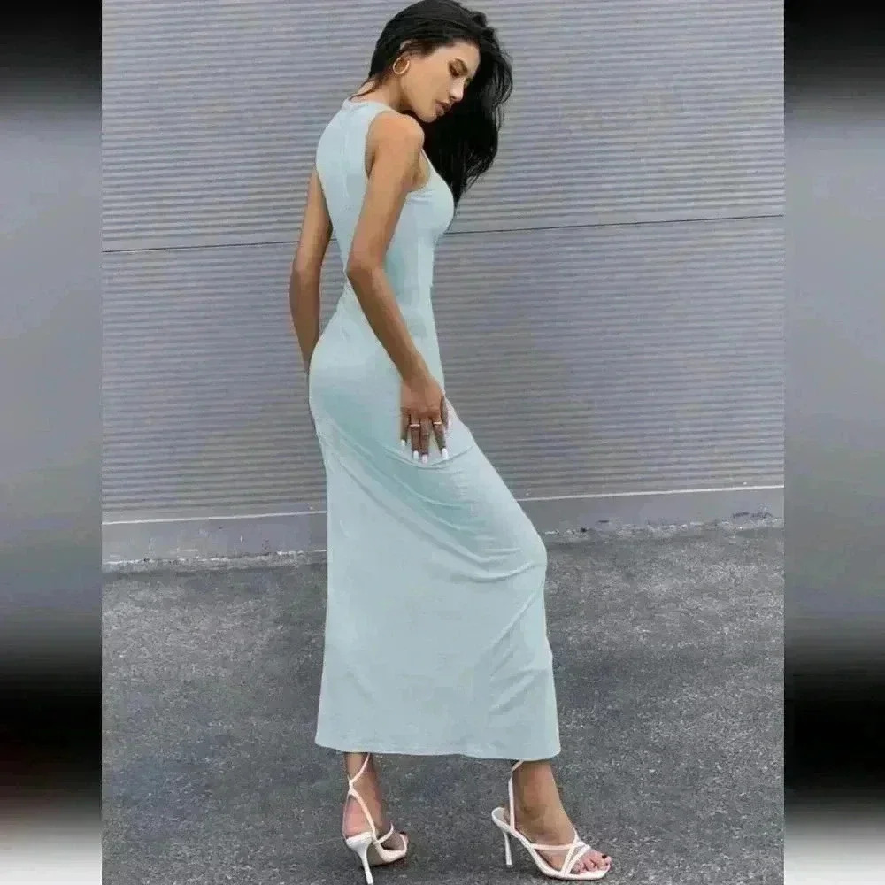 Shein Blue Solid Split Thigh Dress Size Small - Picture 2 of 5